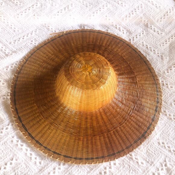 Vintage Handwoven Rattan Wide Brim Conical Sun Hat 5in Boho Basket Weave - Picture 2 of 8